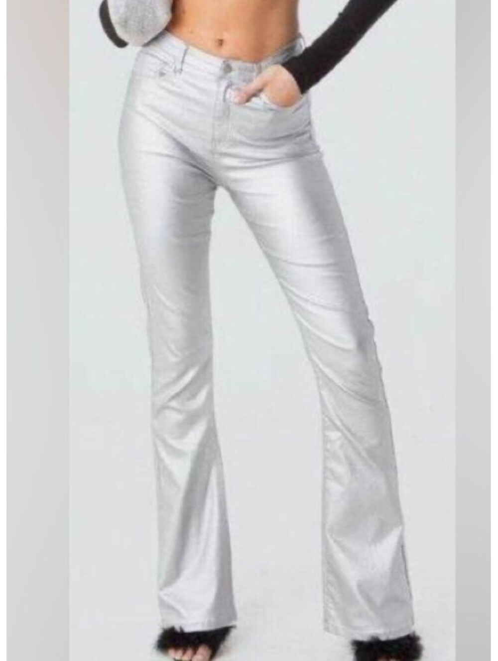 EDIKTED metallic silver flare high rise jeans sz S